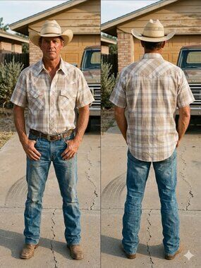 Williams Bay Western Shirt Mens XL Pearl Snap Plaid Short Sleeve Vintage Tan